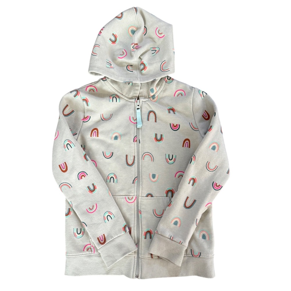 Cat & Jack Girls Rainbow Print Zip Up Hoodie Oatmeal Heather Fleece Size M 7/8